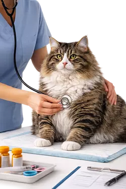 Gato americano de pelo largo en consulta veterinaria con revisión médica, cuidado de salud 
                       felina y chequeo profesional, mascota doméstica bien cuidada con pelaje abundante ideal 
                       para dueños responsables y amantes de los gatos