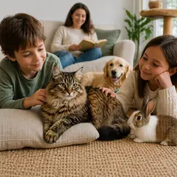 Gato doméstico tranquilo y cariñoso descansando con niños en casa junto a otras 
                       mascotas, escena familiar que muestra un gato amigable ideal para familias, 
                       convivencia con niños y animales en el hogar