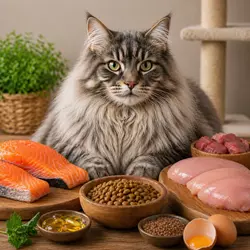 gato americano de pelo largo con alimentos ricos en omega 3 y omega 6 como salmón 
                       y proteína animal para mejorar el pelaje brillante y la salud de la piel en gatos 
                       domésticos