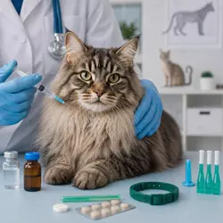 gato de pelo largo en clínica veterinaria recibiendo vacuna con veterinario, 
                      control de vacunas y desparasitación para mantener la salud y prevención de 
                      enfermedades en gatos domésticos