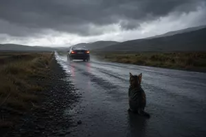 Escena de un gatito abandonado bajo la lluvia en una carretera vacía con 
                     ambiente dramático y emocional