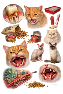 Causas de la gingivitis en gatos con mala alimentación, sarro dental y bacterias, problemas de salud bucal felina 
                       con encías inflamadas, infección dental y dolor al comer en gatos domésticos