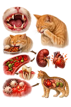 Efectos de la gingivitis en gatos con infección dental, encías inflamadas y complicaciones graves como problemas en 
                       órganos, pérdida de apetito y dolor al comer en gatos domésticos