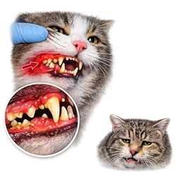 Qué es la gingivitis en gatos, encías inflamadas con sarro dental y signos de enfermedad bucal felina, 
                       síntomas iniciales como mal aliento y dolor al comer en gatos domésticos