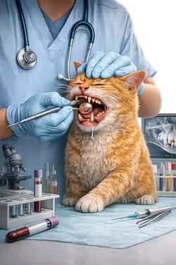 Veterinario revisando gingivitis en gatos con infección dental, limpieza de sarro y tratamiento de encías 
                       inflamadas, salud bucal felina y cuidado dental profesional en gatos domésticos