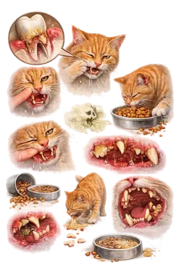Síntomas de gingivitis en gatos con encías inflamadas, sangrado dental, sarro y mal aliento, dolor al comer, 
                       pérdida de apetito y problemas de salud bucal en gatos domésticos