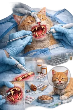 Tratamiento de gingivitis en gatos con limpieza dental veterinaria, eliminación de sarro, medicamentos y cuidado 
                       de encías inflamadas, salud bucal felina y recuperación dental en gatos domésticos