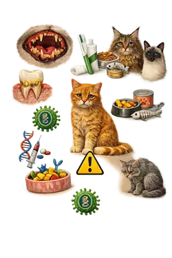 Causas de la periodontitis felina en gatos con acumulación de sarro, bacterias, mala alimentación y falta de higiene 
                       dental, factores de riesgo de enfermedad bucal felina y problemas de salud dental en gatos
