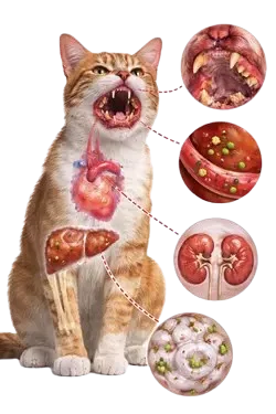 Cómo afecta la periodontitis felina a los gatos con infección dental, encías inflamadas y bacterias que dañan 
                       órganos como corazón y riñones, consecuencias graves de enfermedad bucal y salud dental en gatos