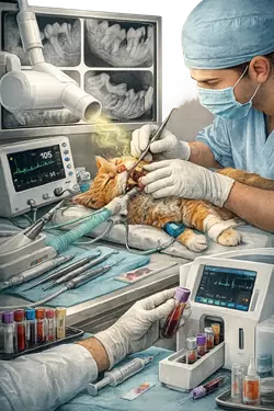 Diagnóstico de periodontitis felina en gatos realizado por veterinario con revisión dental, radiografía y 
                       tratamiento de infección bucal, detección de sarro, encías inflamadas y problemas de salud dental en gatos