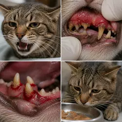 gato con periodontitis felina avanzada mostrando encías sangrantes, dolor 
                          al comer, pérdida de apetito, movilidad dental y enfermedad dental grave 
                          en gatos con inflamación y sarro acumulado