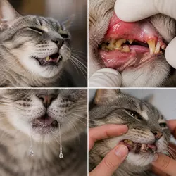 primer plano realista de boca de gato con periodontitis felina, encías 
                          inflamadas, sarro dental, halitosis y salivación excesiva, mostrando 
                          enfermedad dental en gatos y problemas de salud bucal felina