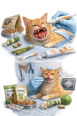 Prevención de la periodontitis felina en gatos con higiene dental, cepillado de dientes, alimentación saludable y 
                       productos dentales, cuidado de encías y salud bucal para evitar enfermedades dentales en gatos