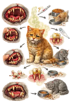 Síntomas de la periodontitis felina en gatos con encías inflamadas, sarro, mal aliento, dolor al comer y pérdida de 
                       dientes, señales de enfermedad bucal grave y problemas de salud dental en gatos