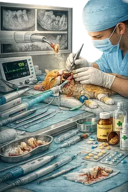 Tratamiento de la periodontitis felina en gatos con limpieza dental veterinaria, extracción de dientes dañados, 
                       medicamentos y control de infección bucal, cuidado profesional de la salud dental en gatos