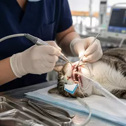 Tratamiento de periodontitis felina con limpieza dental profesional en gatos, 
                          eliminación de sarro, anestesia veterinaria y cuidado bucal avanzado en 
                          clínica veterinaria