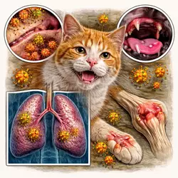 Cómo actúa el calicivirus felino en gatos afectando vías respiratorias, boca, pulmones y 
                          articulaciones, virus causando úlceras bucales, inflamación y daño tisular en enfermedad viral 
                          contagiosa felina con síntomas graves