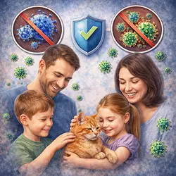 Calicivirus felino contagio a humanos, gato con virus rodeado de familia, transmisión de enfermedad 
                       respiratoria felina, riesgo de infección, convivencia con gatos enfermos y seguridad para personas y niños