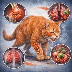 Calicivirus felino grave en gatos con infección viral avanzada, neumonía, inflamación en articulaciones, daño 
                          pulmonar y complicaciones sistémicas, síntomas severos de enfermedad respiratoria felina con riesgo para la 
                          salud del gato