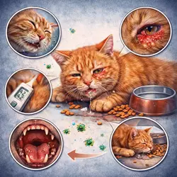 Síntomas del calicivirus felino en gatos con secreción nasal, ojos inflamados, úlceras bucales, fiebre y 
                          pérdida de apetito, enfermedad viral contagiosa en gatos domésticos con signos clínicos visibles y problemas 
                          respiratorios