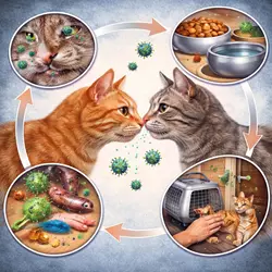 Transmisión del calicivirus felino en gatos con contagio entre gatos domésticos, infección viral por contacto 
                          directo, comida, secreciones y objetos contaminados, enfermedad contagiosa felina con alto riesgo de 
                          propagación