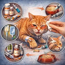 Tratamiento del calicivirus felino en gatos con medicamentos, antibióticos, fluidoterapia y alimentación 
                          asistida, cuidados veterinarios para infección respiratoria, síntomas graves y recuperación de gatos 
                          enfermos