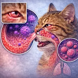 Cómo actúa el herpesvirus felino en gatos afectando ojos, vías respiratorias y mucosas nasales, 
                          causando conjuntivitis, secreción nasal, inflamación y síntomas de infección viral respiratoria en 
                          gatos domésticos