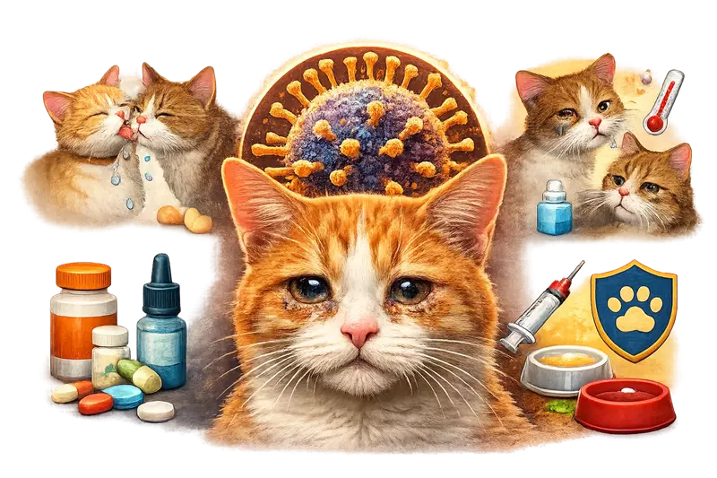 Herpesvirus felino en gatos con síntomas respiratorios y oculares, infección viral contagiosa con estornudos, secreción 
                 nasal, ojos inflamados, tratamiento veterinario, medicamentos y prevención en gatos domésticos