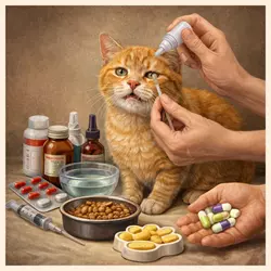 Prevención del herpesvirus felino en gatos con medicamentos, gotas oculares, antibióticos, alimentación 
                          asistida y cuidados veterinarios para infección respiratoria viral y recuperación de gatos enfermos