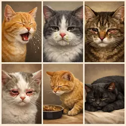 Síntomas del herpesvirus felino en gatos con ojos llorosos, estornudos, secreción nasal, 
                          conjuntivitis, apatía y pérdida de apetito, signos de infección respiratoria viral en gatos 
                          domésticos