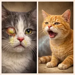 Síntomas graves del herpesvirus felino en gatos con infección ocular severa, conjuntivitis avanzada, 
                          secreción nasal, dificultad respiratoria y signos de enfermedad respiratoria viral grave en gatos 
                          domésticos