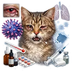 Qué es el herpesvirus felino en gatos, infección viral respiratoria con síntomas como conjuntivitis, 
                       secreción ocular, estornudos, fiebre y tratamiento veterinario para enfermedad contagiosa en gatos 
                       domésticos