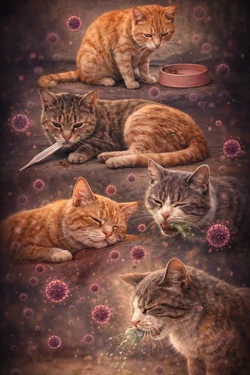 sintomas de la leucemia felina FeLV en gatos con perdida de apetito debilidad vomitos 
                          infeccion viral y signos de enfermedad grave en gatos domesticos