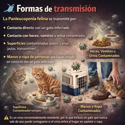 transmision de la panleucopenia felina en gatos por contacto con heces vomitos objetos contaminados y superficies 
                       virus felino resistente altamente contagioso