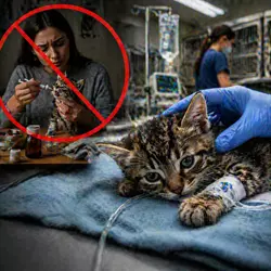 Imagen dramática que muestra la diferencia entre tratar la panleucopenia felina 
                       en casa y recibir atención veterinaria urgente, con un gatito recibiendo cuidados 
                       médicos en una clínica y un propietario intentando un tratamiento en casa, con un 
                       símbolo de prohibición.