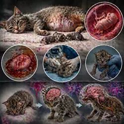 Imagen médica detallada de una gatita embarazada con panleucopenia felina, 
                          mostrando abortos, nacimientos prematuros y daño neurológico en los gatitos, 
                          con representaciones anatómicas y visuales del desarrollo fetal y cerebral.