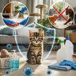 Imagen que muestra la prevención de la panleucopenia felina mediante higiene 
                          en el hogar, evitando contacto con gatos enfermos, y desinfección con 
                          productos adecuados, destacando un gatito protegido en un ambiente limpio