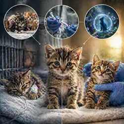 Imagen conmovedora que muestra la evolución de un gatito con panleucopenia, 
                          destacando el impacto de la edad, el tratamiento temprano y el estado 
                          inmunológico en la recuperación, con visuales detallados de la atención 
                          médica y mejora.