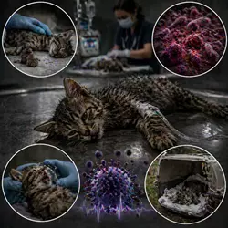 Imagen dramática de un gatito gravemente enfermo con panleucopenia felina, 
                          mostrando shock, colapso y signos de infecciones secundarias, en un ambiente 
                          veterinario con tratamiento de emergencia y virus flotantes.
