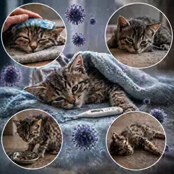 Imagen detallada de un gato con síntomas de panleucopenia felina, mostrando 
                          fiebre, letargo, y debilidad general, con partículas virales flotantes. Ideal 
                          para entender los efectos del virus en los gatos.