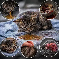 Imagen detallada de un gatito con síntomas graves de panleucopenia felina, 
                          mostrando vómitos persistentes, diarrea con sangre, deshidratación severa 
                          y dolor abdominal, con primeros planos de los síntomas en un entorno 
                          veterinario.