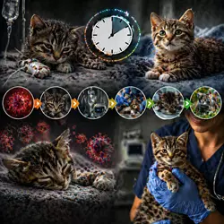 Imagen detallada de la recuperación de un gatito con panleucopenia felina, 
                          mostrando la evolución desde la fase crítica con IV, hasta la recuperación 
                          con atención médica, interacción veterinaria y mejora en su salud.