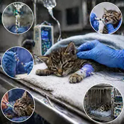 Imagen detallada de un gatito con panleucopenia felina recibiendo tratamiento 
                          intravenoso en un entorno clínico, con suero, medicación contra vómitos y 
                          nutrición asistida, enfocado en la atención veterinaria profesional.
