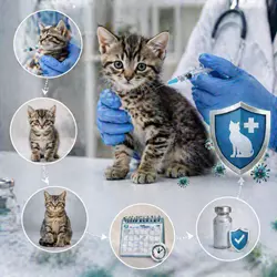 Imagen detallada de un gatito recibiendo su vacuna contra la panleucopenia 
                          felina en una clínica veterinaria, con un calendario de vacunación y un 
                          escudo protector simbolizando la prevención de enfermedades.
