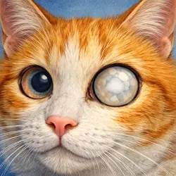 gato con cataratas mostrando ojo nublado y cristalino opaco, síntomas visibles de cataratas en gatos y 
                           pérdida de visión felina enfermedad ocular común