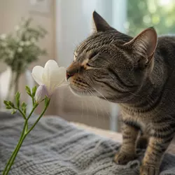 Gato utilizando olfato, oído y vibrisas para orientarse en casa, adaptación 
                          para gato ciego, estimulación sensorial felina y mejora de la calidad de 
                          vida en gatos con discapacidad visual.