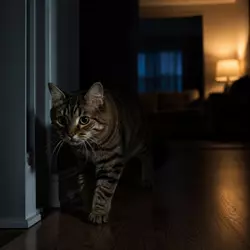 Gato caminando con inseguridad en la oscuridad de casa, mostrando síntomas 
                          tempranos de ceguera nocturna y atrofia progresiva de retina en gatos 
                          domésticos