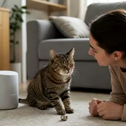 Gato ciego hacis su dueña que la llama para que sepa donde esta