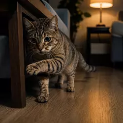 Gato caminando con dificultad y desorientación chocando con muebles en casa, 
                          signo de problemas de visión, ceguera en gatos o enfermedad ocular felina avanzada