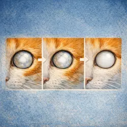progresión de cataratas en gatos mostrando etapas de opacidad del cristalino y pérdida de visión felina, 
                           evolución de cataratas síntomas y deterioro visual en gatos